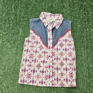 Girls Size Medium Rockin C Western Sleeveless Aztec Denim Top Pearl Snap